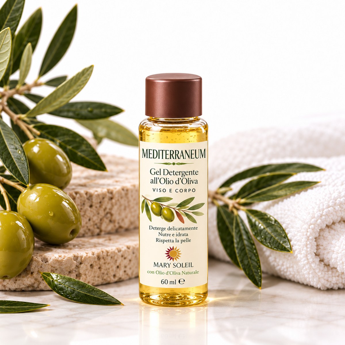 Gel detergente Mediterraneum Mary Soleil, flacone 60 ml con olive e foglie d'ulivo